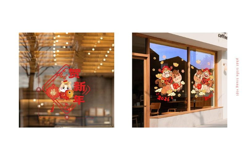 Decal dán kính chibi Tết dễ thương